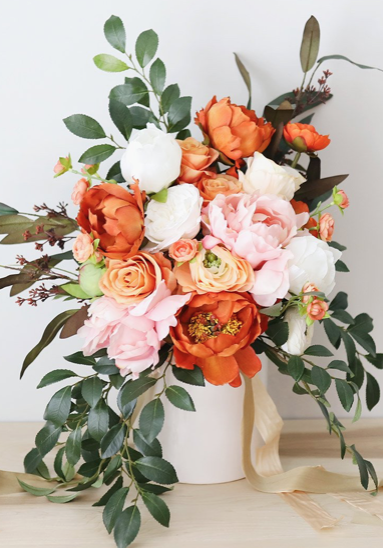 Coral, Burnt Orange, and Pink Wedding Bouquet